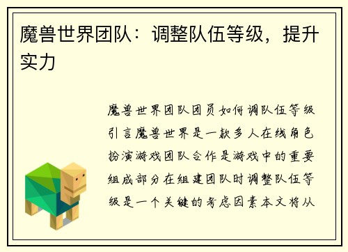 魔兽世界团队：调整队伍等级，提升实力